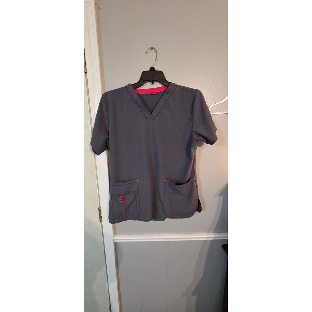 Carhartt Womens V-Neck Scrub Top Gray Pink Trim Pockets Size Large No Tag